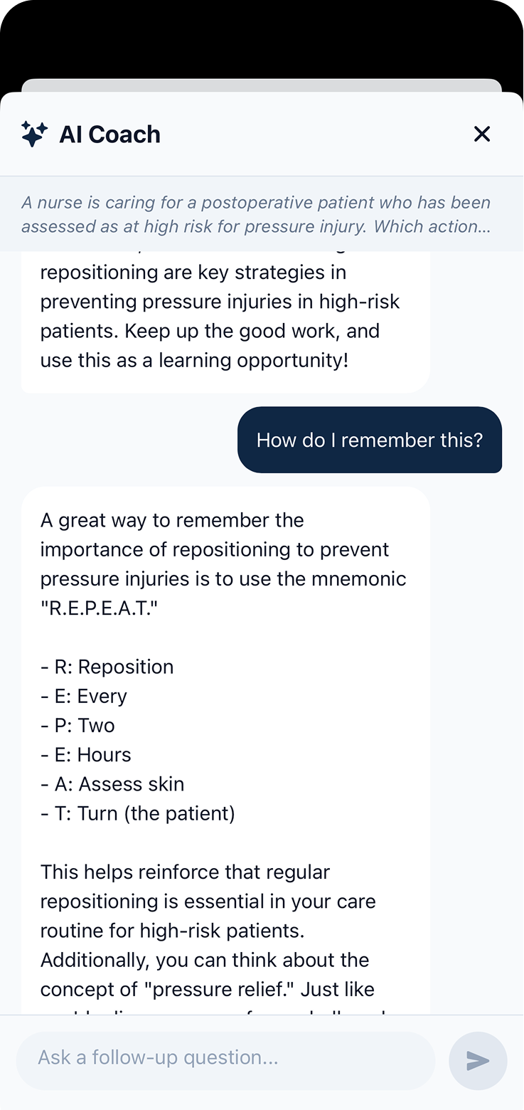 AI Coach explaining NCLEX® concepts with interactive follow-up questions